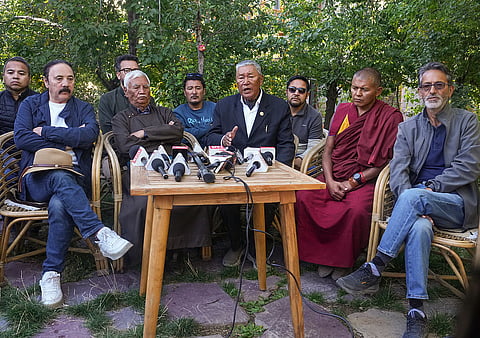 Leh Apex Body (LAB) co-chairman Chering Dorjay (centre) with other members addresses a press conference, in Leh, Ladakh, Monday, Sept. 29, 2025.