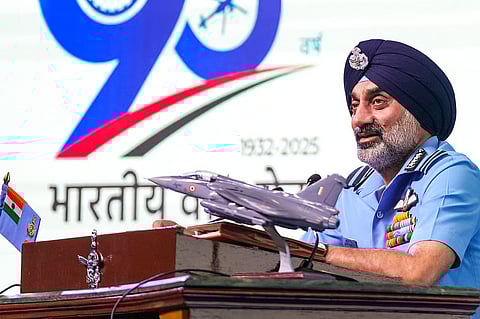Chief of the Air Staff Air Chief Marshal Amar Preet Singh addresses a press conference, in New Delhi, Friday, Oct. 3, 2025.