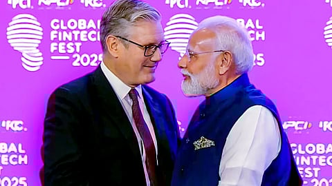 Prime Minister Narendra Modi with his British counterpart Keir Starmer at the Global Fintech Fest 2025, in Mumbai.