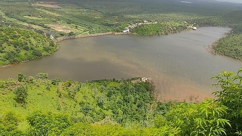 Drone view of Vani Vilas Sagar dam at VV Pura village of Hiriyur taluk on Thursday