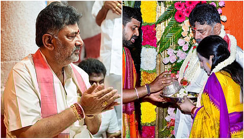 D K Shivakumar in Hasanamba temple