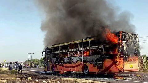 A bus traveling from Jaisalmer to Jodhpur catches fire, near Thaiyat village in Jaisalmer district, Rajasthan,