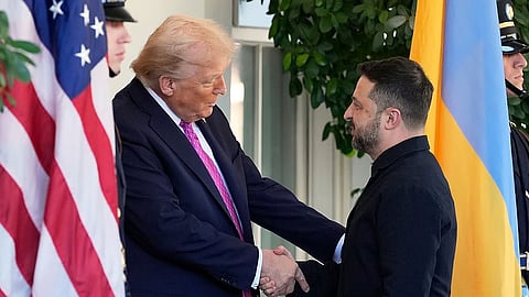 President Donald Trump, left, greets Ukraine's President Volodymyr Zelenskyy at the White House