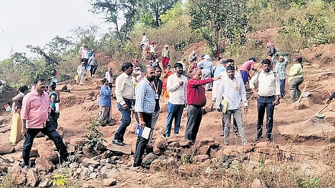 Officials inspect work carried out under the MGNREGA scheme in Belagavi.
