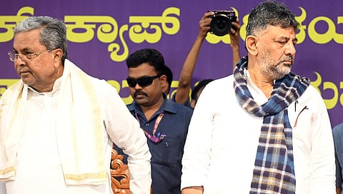 CM Siddaramaiah and DyCM DK Shivakumar at an event in Bengaluru on Tuesday.