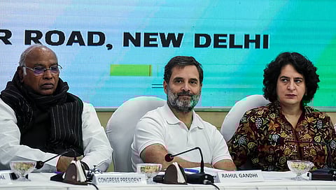 President Mallikarjun Kharge and Rahul Gandhi and Priyanka Gandhi