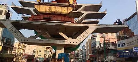 Precasts being lifted to make the flyover in Ejipura.(File Photo | Express)