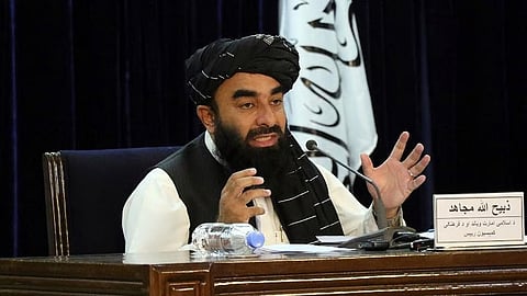 Taliban spokesman Zabihullah Mujahid speaks during a press conference in Kabul, Afghanistan