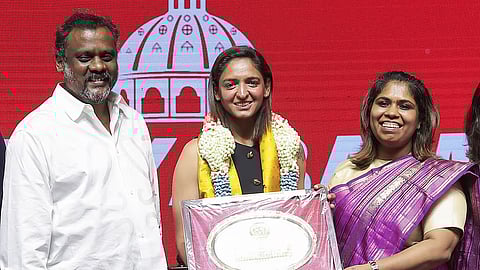 India captain Harmanpreet Kaur felicitated by Dr Mariazeena Johnson, Chancellor (R) and Dr Marie Johnson, president of Sathyabama Institute of Science and Technology