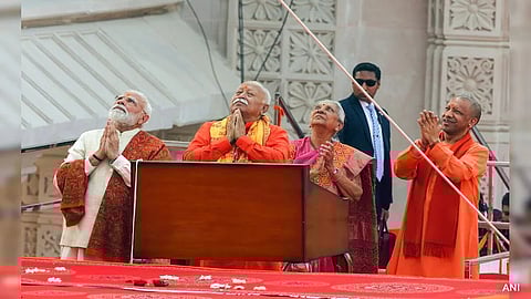 Prime Minister Narendra Modi during the Dhwajarohan Utsav at Shri Ram Janmabhoomi Mandir in Ayodhya