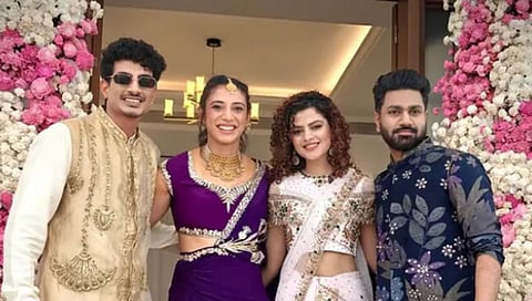 Palak Muchhal shared a picture with Palash Muchhal and Smriti Mandhana from their mehendi ceremony.