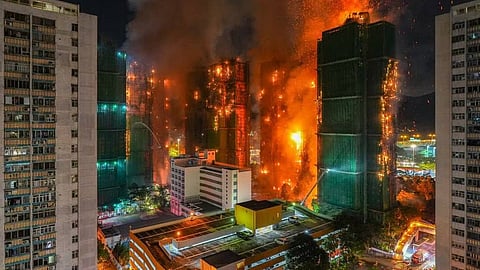 fire engulfing Hong Kong high-rise residential buildings