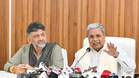 Karnataka Chief Minister Siddaramaiah with Deputy Chief Minister at a press conference in Bengaluru on Saturday