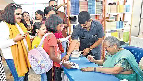 Author Sudha Murty at a book signing event at the Bangalore Literature Festival