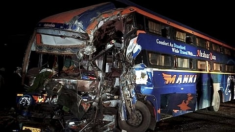 bus after it collided with a truck on the Jaipur-Bikaner National Highway