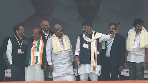 Karnataka CM Siddaramaiah with DCM DK Shivakumar during the Vote Chori, a rally against the central government in Delhi on Sunday.