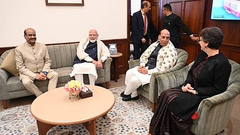 Priyanka Gandhi with rajanath singh, PM Modi at tea party hosted by the Speaker