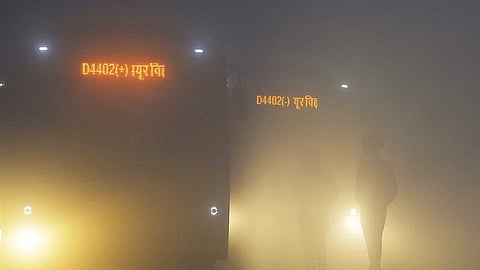 Visibility plunged across parts of Delhi amid dense fog and worsening air quality on Saturday morning