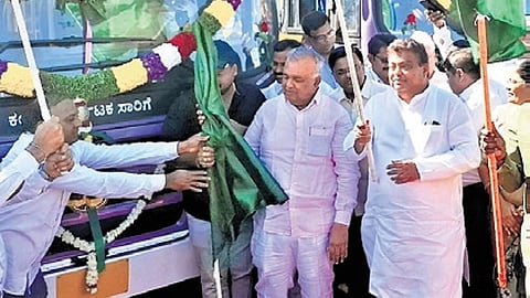 Transport Minister Ramlinga Reddy flags off a new fleet of buses in Vijayapura on Saturday.