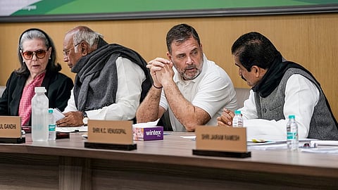 Congress President Mallikarjun Kharge with LoP in the Lok Sabha Rahul Gandhi, Sonia Gandhi and KC Venugopal during CWC
