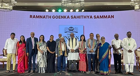 Vice President CP Radhakrishnan with the winners of the 2025 RNGSS awards at the third Ramnath Goenka Sahithya Samman in Chennai.