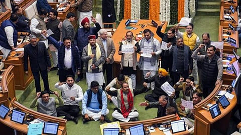 BJP MLAs and ministers stage a protest against Delhi Assembly Leader of Opposition Atishi over her alleged remarks on Guru Tegh Bahadur