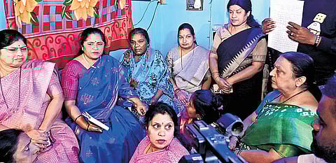 BJP women’s wing president C Manjula with party worker Vijaylakshmi at her house in Hubballi on Thursday
