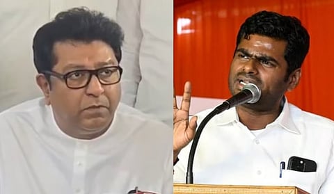 MNS chief Raj Thackeray (L) questioned BJP leader K Annamalai's right to speak in matters relating to Maharashtra.