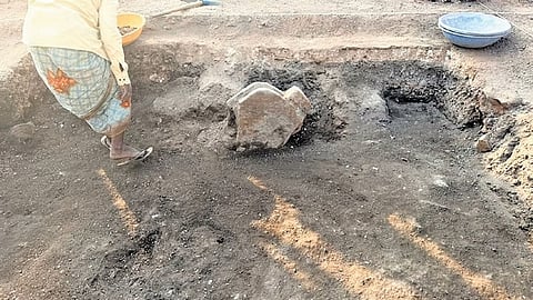 Excavation on for the second day at Lakkundi village near Gadag on Saturday.