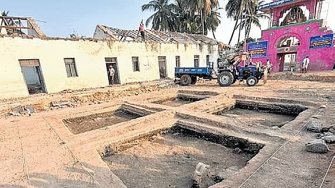 Excavation on for the second day at Lakkundi village near Gadag on Saturday.