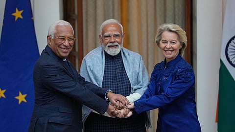 Prime Minister Narendra Modi with European Council President Antonio Costa, left, and European Commission President Ursula von der Leyen