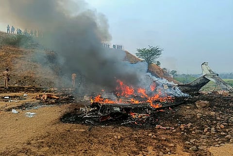 Maharashtra Deputy Chief Minister Ajit Pawar's plane in flames after it crashed during landing, at Baramati in Pune district, Maharashtra
