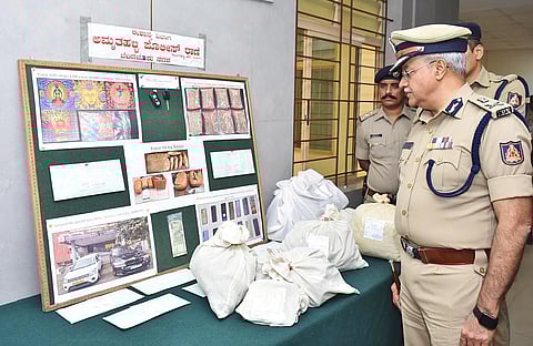City Police Commissioner Seemanth Kumar Singh inspects the seized narcotics in Bengaluru on Wednesday.