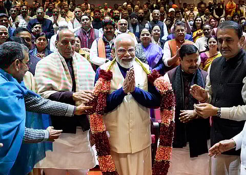 PM Narendra Modi, Defence Minister Rajnath Singh, BJP National President Nitin Nabin and others during the NDA Parliamentary Party meeting