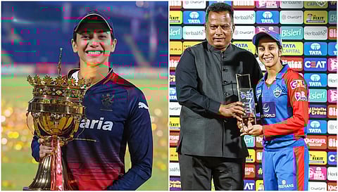 RCB captain Smriti Mandhana and Delhi Capitals captain Jemimah Rodrigues with the trophies