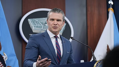 Defense Secretary Pete Hegseth speaks during a press briefing at the Pentagon