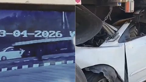 car crashed into a container vehicle from behind.