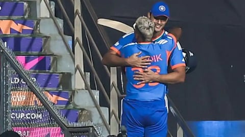 Shivam Dube was seen hugging Hardik Pandya on the stairs