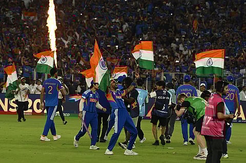 Indian cricket team players celebrate after the win on Sunday