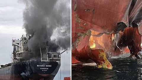 Photos shared by the Royal Thai Navy showed heavy black smoke billowing from the hull and superstructure of the Thai-registered Mayuree Naree