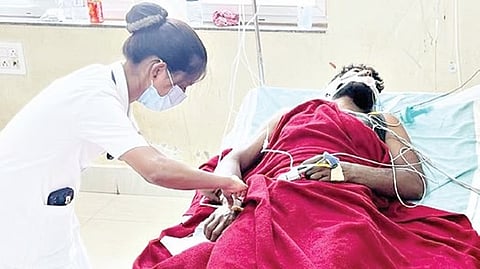 One of the four victims undergo treatment at KMC-RI in Hubballi on Tuesday.