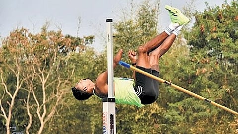 Nishad Kumar in action during the two-day India Open Jump Competition held at Anju Bobby Sports Foundation in Kengeri.