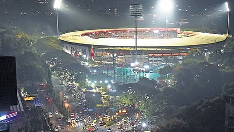 An aerial view of floodlit in Bengaluru Chinnaswamy Stadium