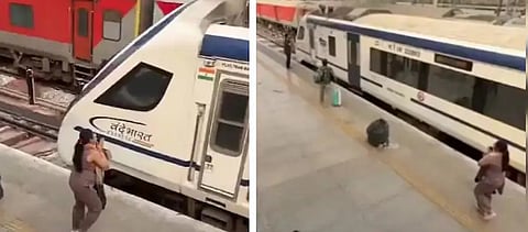 ವಂದೇ ಭಾರತ್ ರೈಲಿಗೆ ಹತ್ತಲು ಕೈಮುಗಿಯುತ್ತಿರುವ ಮಹಿಳೆ