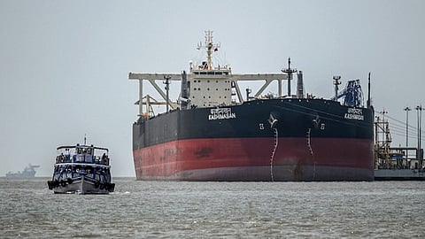 Indian-flagged oil tanker Kashimasan, docked near an offloading terminal at Butcher Island