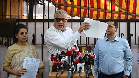 TMC MP delegation Derek O’Brien- Sagarika Ghosh- Menaka Guruswamy Saket Gokhale Coming out after Meet CEC at Nirvachan Sadan in New Delhi on Wednesday.