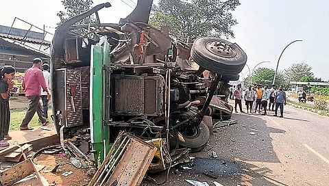 Private bus overturns in Shikaripur; 17 passengers injured