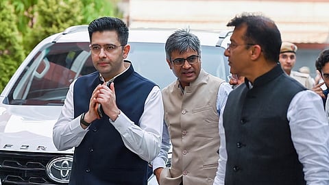 Rajya Sabha MPs Raghav Chadha, Sandeep Pathak and Ashok Mittal arrive to meet BJP National President Nitin Nabin at the party headquarters, in New Delhi on Friday