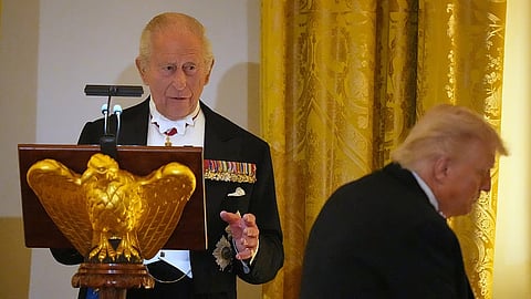 Britain's King Charles III speaks during a State Dinner with US President Donald Trump