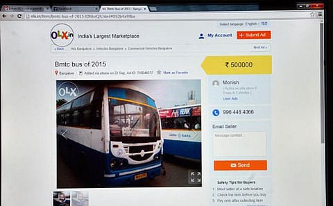 ಬಿಎಂಟಿಸಿ ಬಸ್ (ಕೆಎ01 ಎಫ್ 3701) ಫೋಟೋವನ್ನು ಮೊಬೈಲ್ನಲ್ಲಿ ಕ್ಲಿಕ್ಕಿಸಿ ಒಎಲ್ಎಕ್ಸ್. ಇನ್ನಲ್ಲಿ ಮಾರಾಟಕ್ಕೆ ಹಾಕಿರುವ ಚಿತ್ರ.